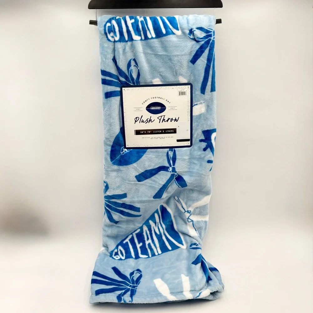 Comfy Football Plush Throw Blanket Spirit Cheerleader Cheer Go Team Blue White - Picture 1 of 6